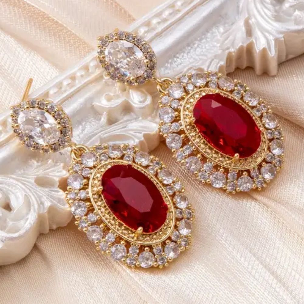 💄💋Luxurious Vintage Style Gold Diamond and Ruby Post back Stud Drop Earrings